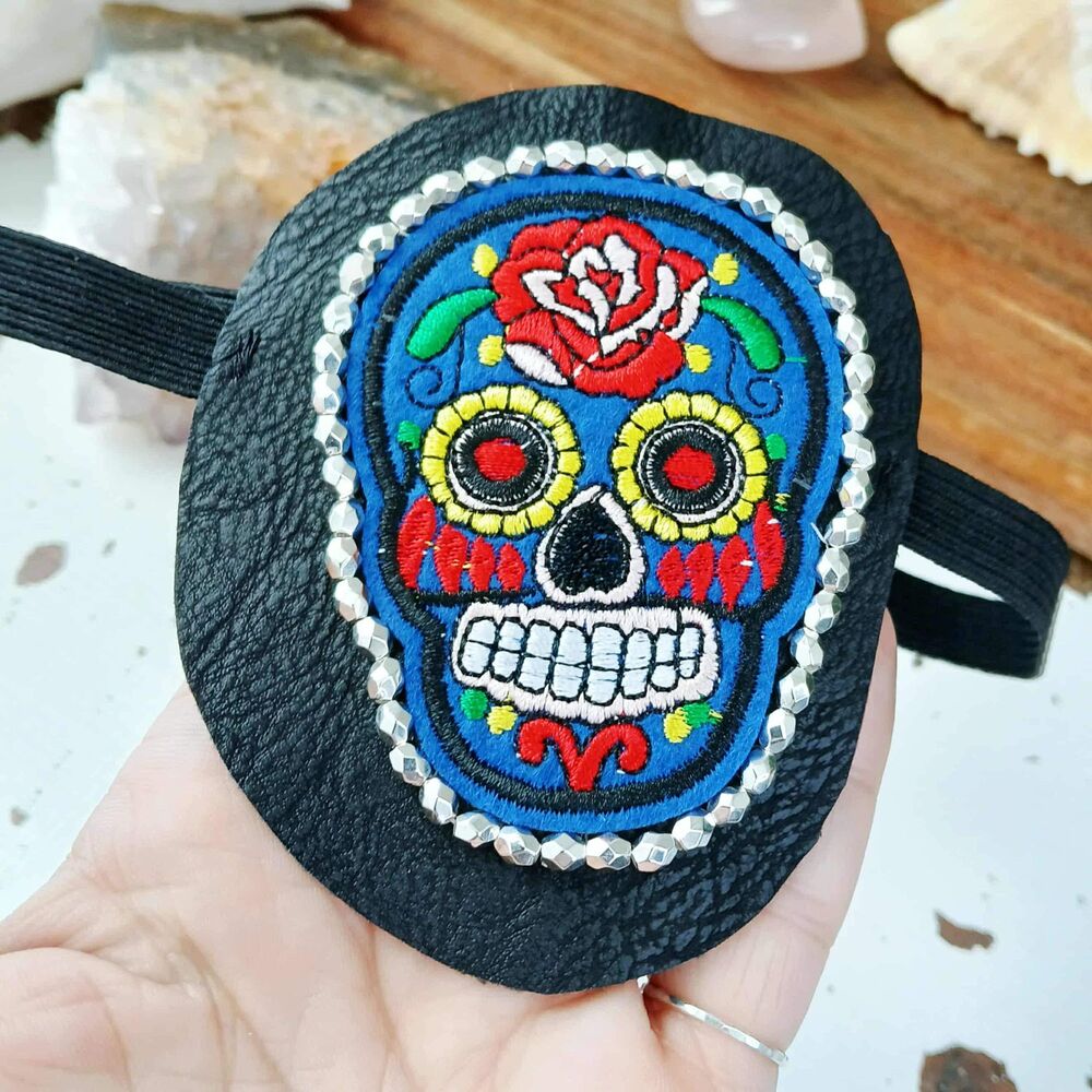 Sugar Skull Embroidered Beaded Eye Patch, Adjustable Vision Accessory Ocular Aid